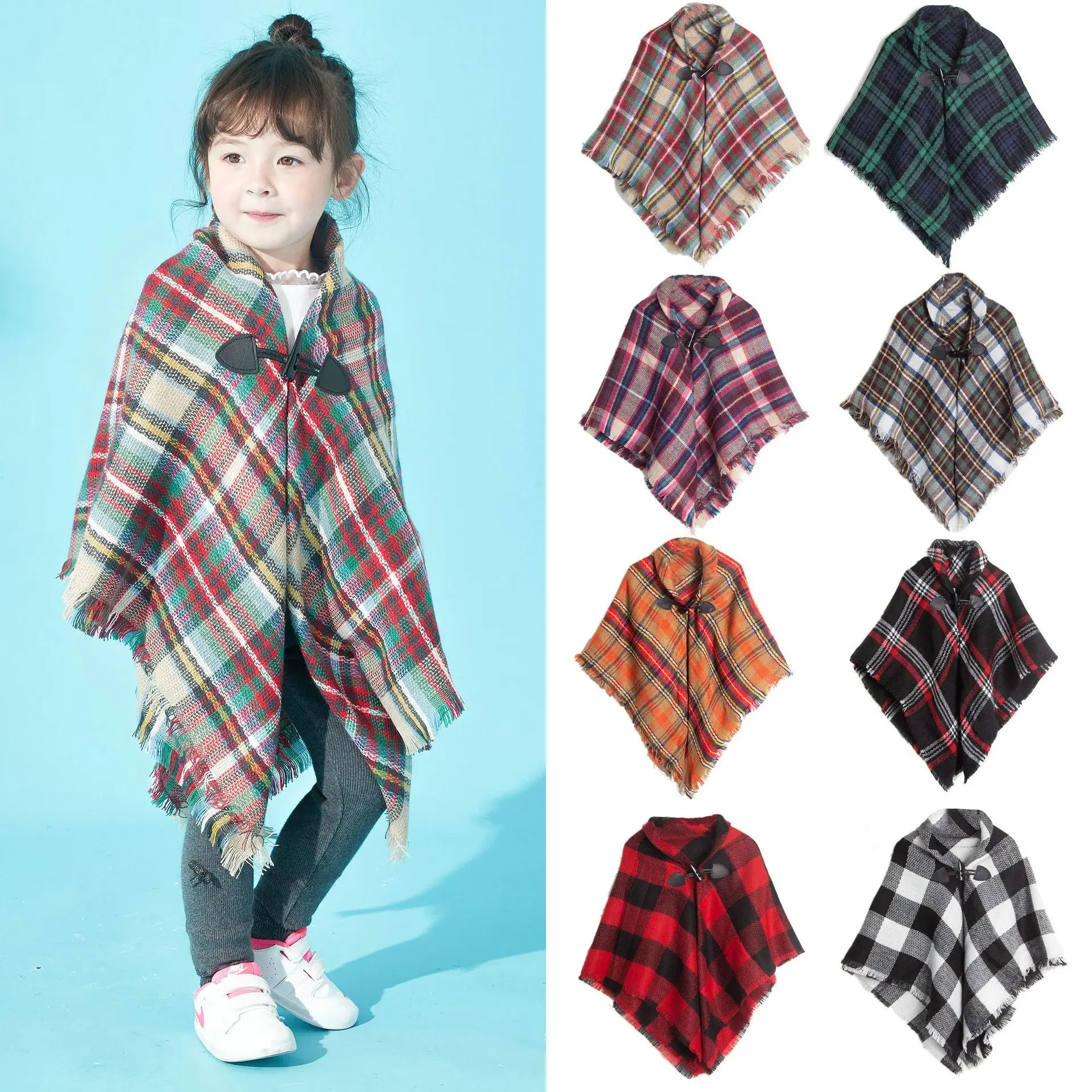 2023 Autumn And Winter New Parent-child Cow Horn Button Jacket Plaid Cape Warm Outdoor Shawl