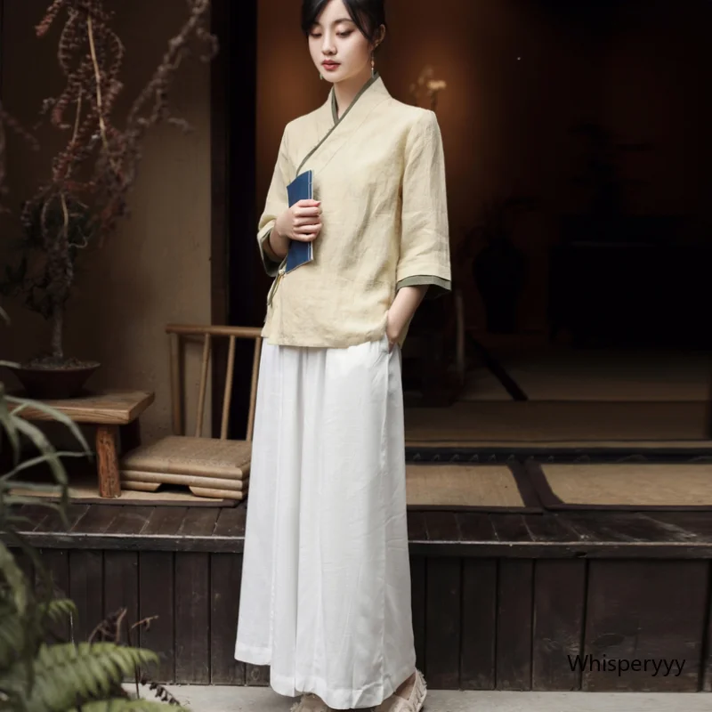 Summer New Chinese Style Shirt Retro Tang Suit Hanfu Cheongsam Tops Zen Tea Artist Chinese Traditional Clothing Female Elegance