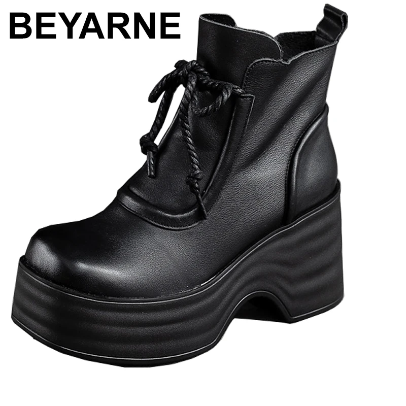 

7cm Spring Women Winter Plush Warm Shoes Natural Cow Genuine Leather Platform Wedge Zip Retro Lady Ankle Booties Autumn