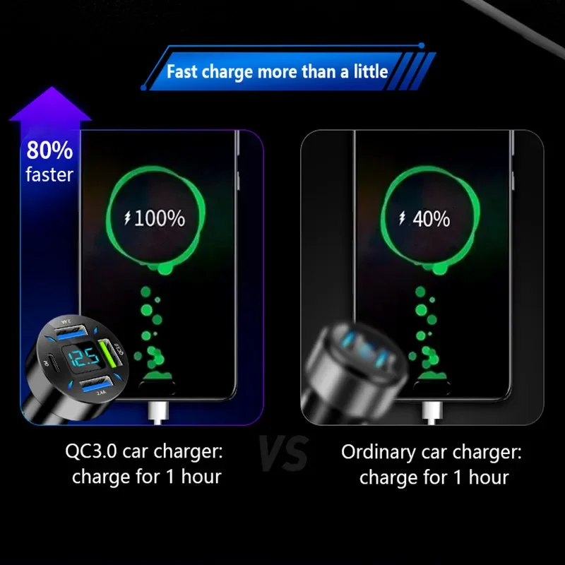 66W Car Charger Quick Charge Cigarette Lighter Adapter 4 Port USB A USB C Fast Charging Phone Charger for iPhone Xiaomi Samsung