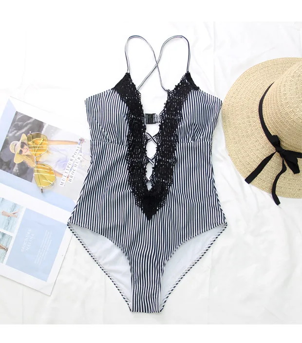 Fashion Women's Vintage Lace Deep V Neck Beach Bikini One-piece Striped Swimsuit Dropshipping