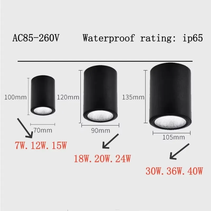 IP65 led 방수 표면 장착형 천장 스포트라이트 조명 야외 발코니 상점 적합한 AC85-260V 스포트라이트 7W 36W 40W