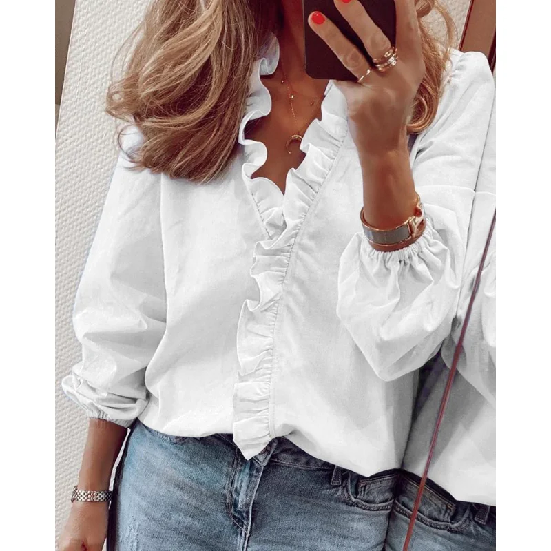 

White Blouse Women Chiffon Ruffles Solid Loose Fit Womens Tops and Blouses Casual V Neck Lantern Sleeve Plus Size Shirts Tunic