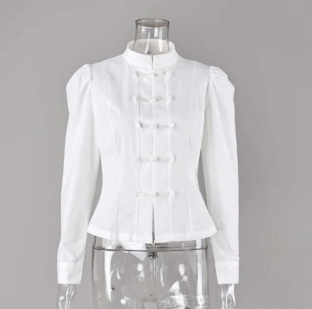 2026 New Chinese Frog Button Stand Collar Slim Blouse Puff Sleeve Linen Shirt Elegant Commute Y2K White Women Daily Fit Top