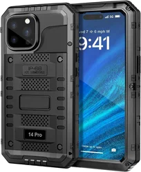 Deluxe IP68 Underwater Heavy - Duty Aluminum Waterproof Phone Case with Screen Protector Film - iPhone 15 Plus (Black)