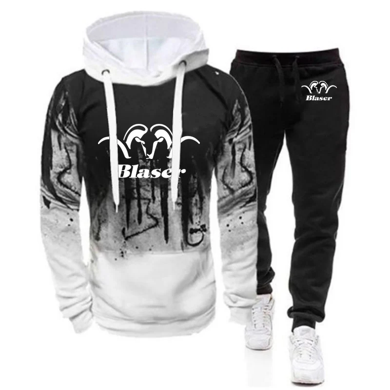 2024 Blaser Hunt Rifle Men New Gradient Hooded Hoodie + Pants Tracksuits Casual Print Sweatpant Leisure Harajuku Sportwear Suits 2