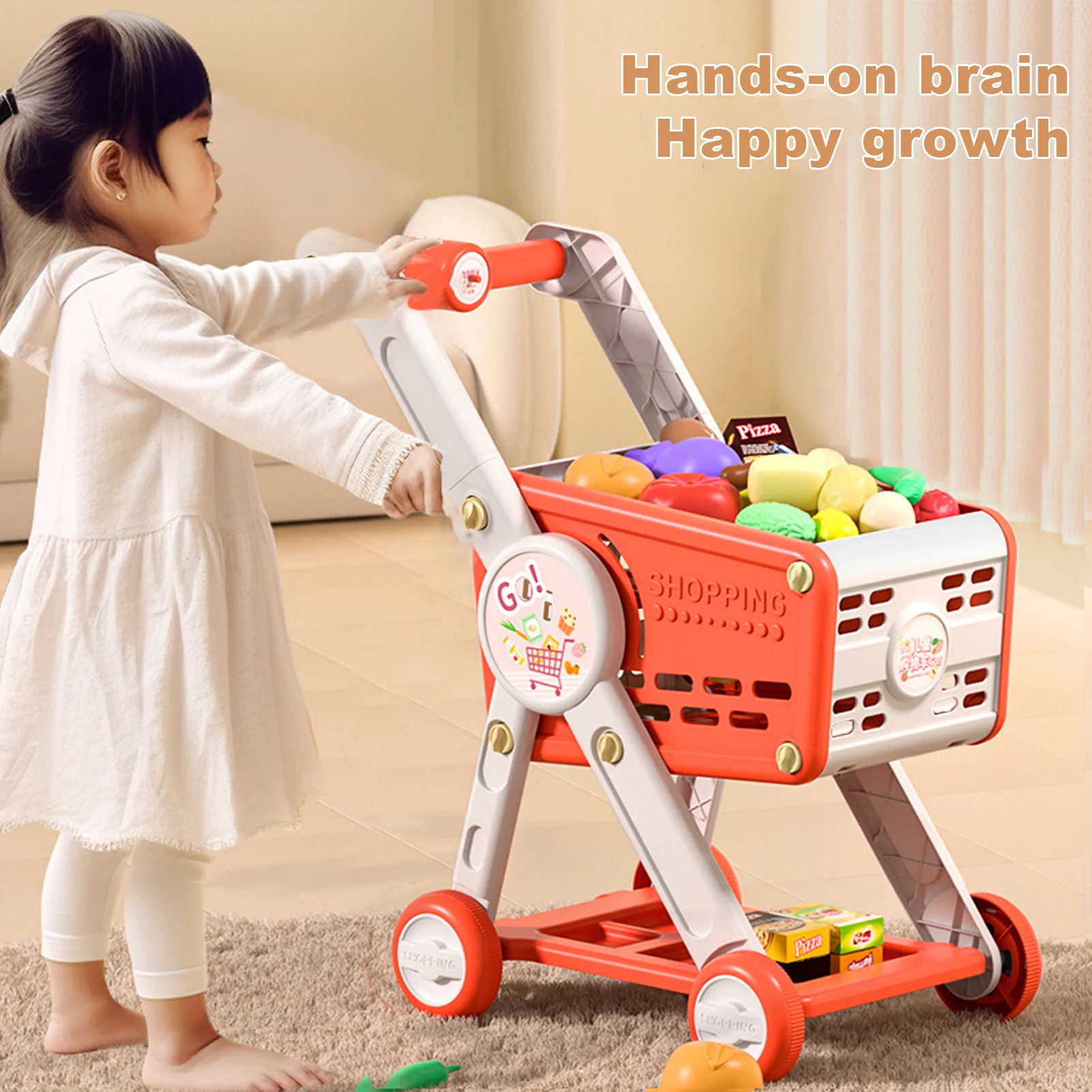 Kids Shopping Cart Toy with 29 Fruit Vegetable Food Accessories Role-Playing Mini Shopping Trolley Pretend Play Grocery Shopping 2