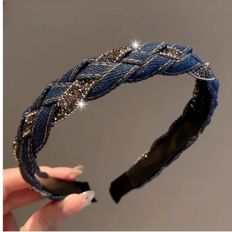 Neu eingetroffen: Elegantes Retro-Luxus-Haarband mit Strass und Zöpfen – Modisches, schlichtes Haarband aus Denim