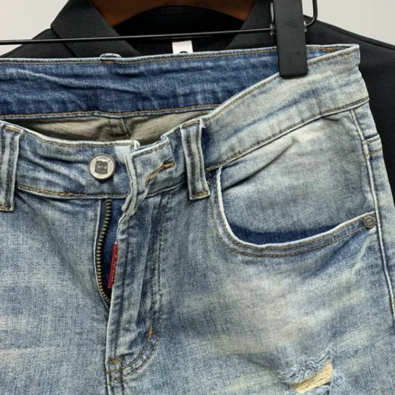 Male Denim Shorts with Pockets Blue Men's Short Jeans Pants Ripped Spliced New Harajuku Fashion Cowboy Thin ZL456