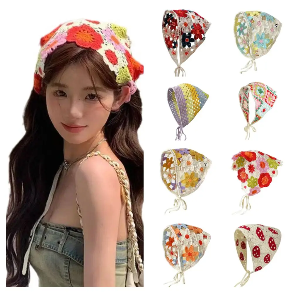 

Multicolor Knitting Flower Headband Pastoral Style French Retro Crochet Triangle Headscarf Little Daisy Hair Accessories