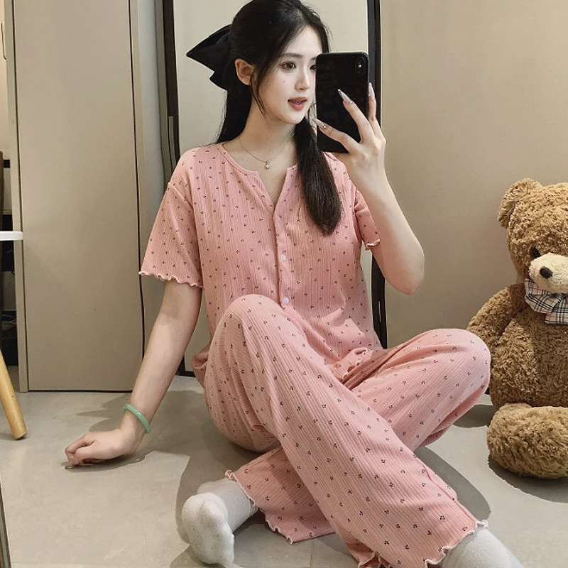 여성용 면직물 꽃무늬 카디건 프린트 파자마 반팔 상의와 긴 바지 잠옷 홈웨어 ..