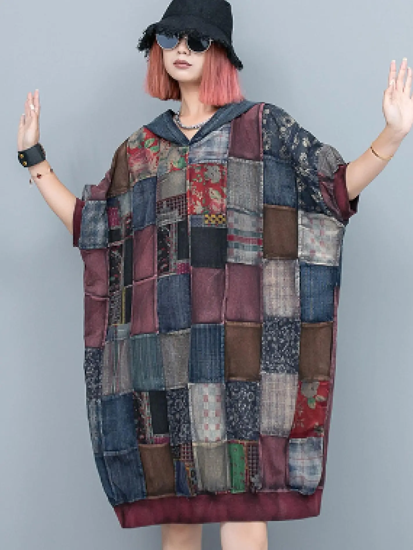 

New Retro Vintage Patchwork Pullover Oversized Batwing Sleeve Dress Women's Hoodie Medium Length Straight Loose Streetwear Dress