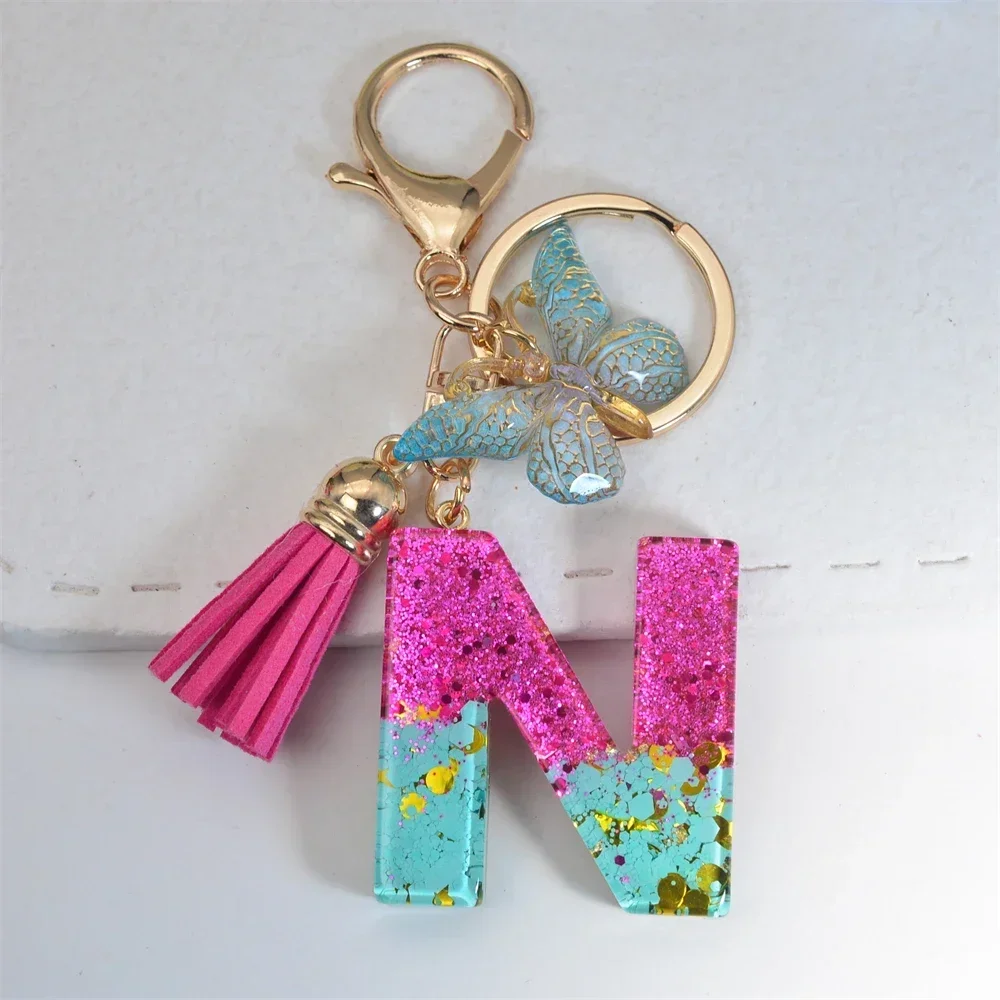Pink Blue Color Letter Keychain Women Purse Decor Resin Sequin Initial Alphabet Key Rings With Tassel Butterfly For Couple Gifts