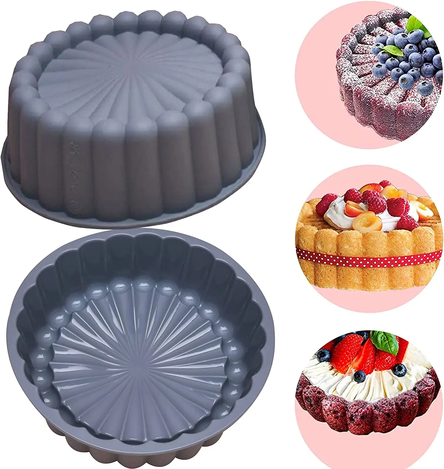 Silicone Charlotte Cake Pan Reusable Mold Fluted Cake Pan Nonstick Round Molds for Shortcake Cheesecake Brownie Tart Pie