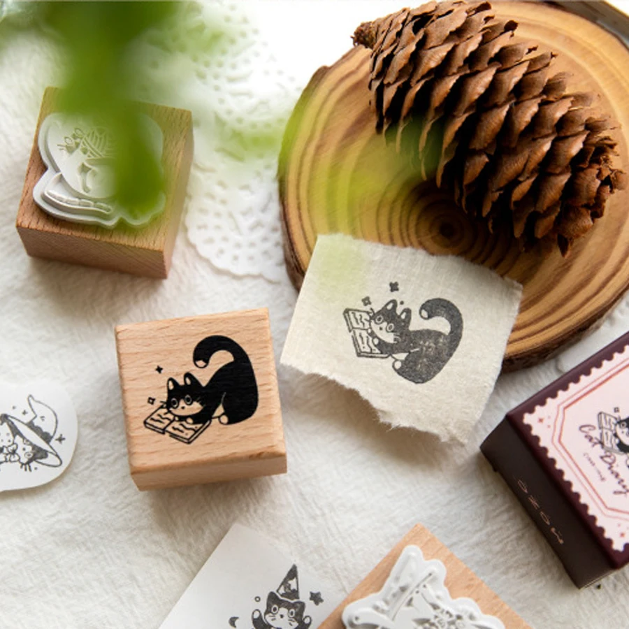 1PCS 귀여운 작은 검은 고양이 장식 스탬프 빈티지 나무 고무 스탬프 Scrapbooking 편지지 Diy 공예 표준 인감