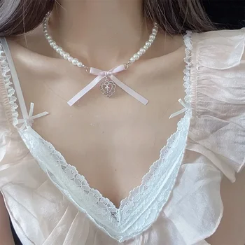 Pink Ribbon Bow Heart Pendant Imitation Pearl Beads Choker Necklace Y2K Sweet Cute Clavicle Chain Girl Lolita Jewelry 3