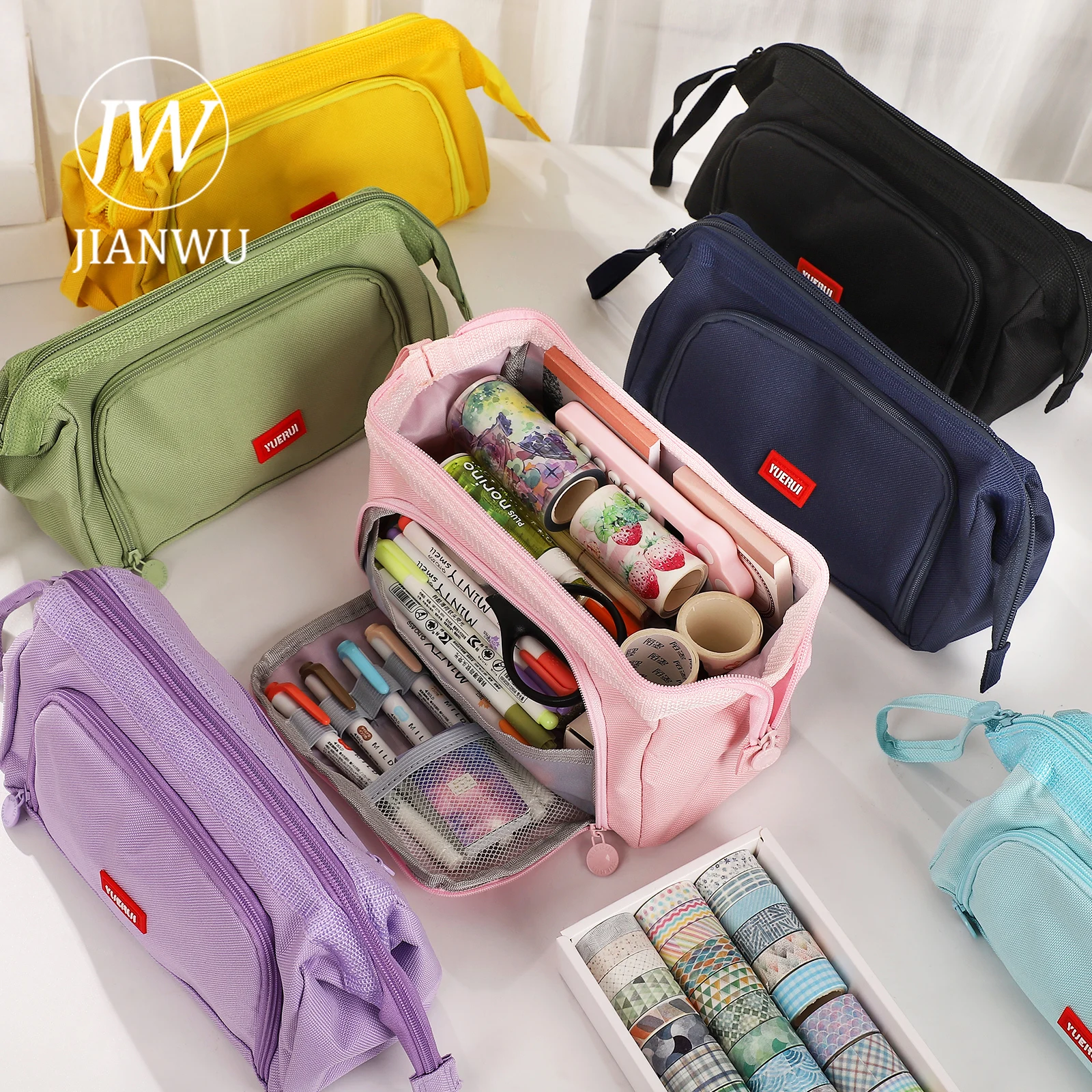 

JIANWU Multifunctional Large Capacity Protable Canvas Storage Zipper Pencil Case Creative Student Supplies Stationery