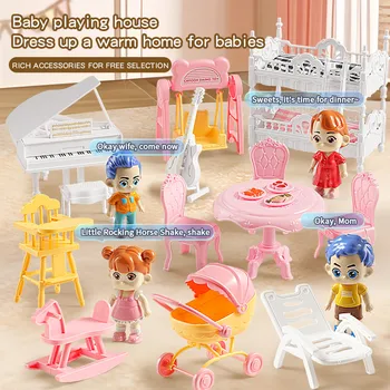Kit di Mobili in Miniatura 1:12 per Casa delle Bambole: Lettino, Pianoforte, Passeggino, Tavolo da Pranzo e Accessori per Giochi di Ruolo, Regalo di Compleanno per Bambini
