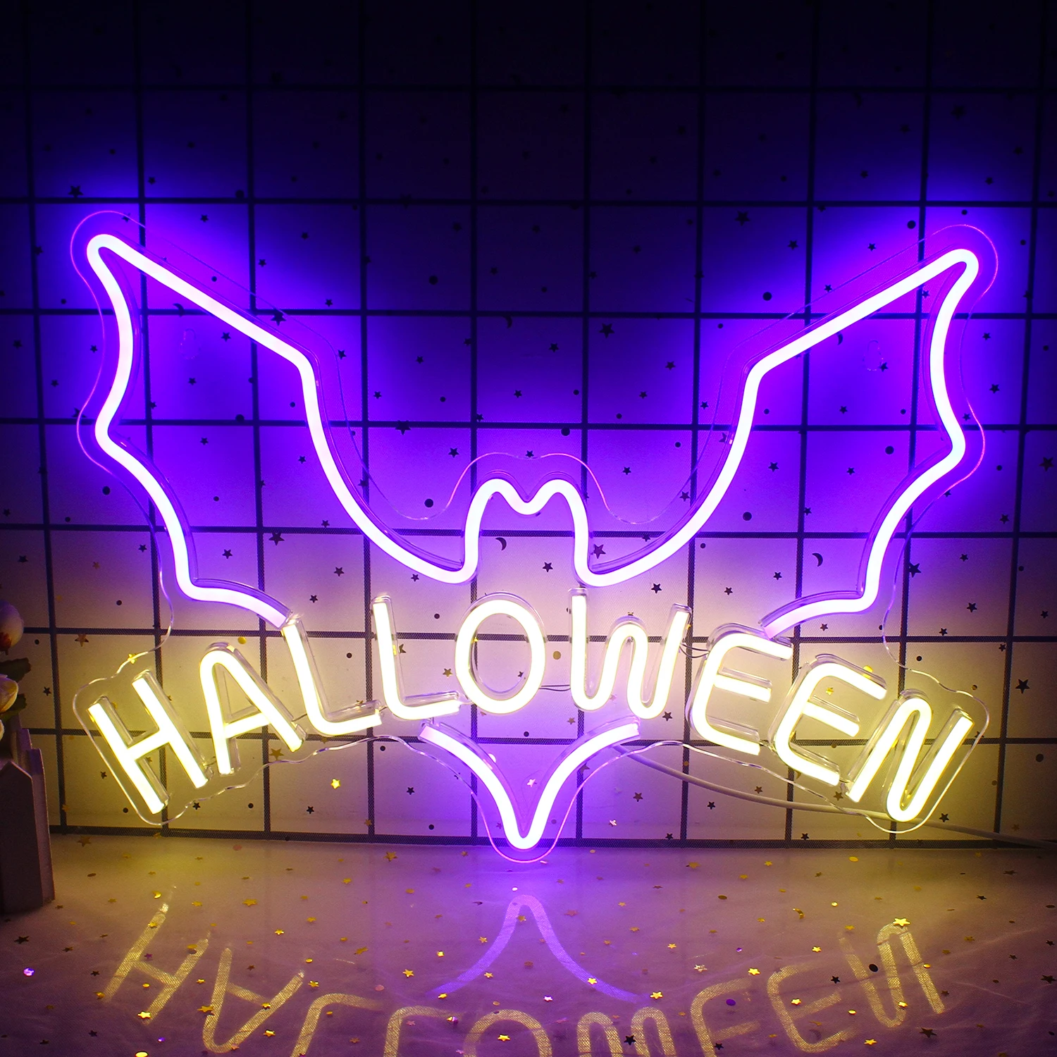 ネオンサイン付きのハロウィーンLEDライト,バット,紫,USB電源,壁