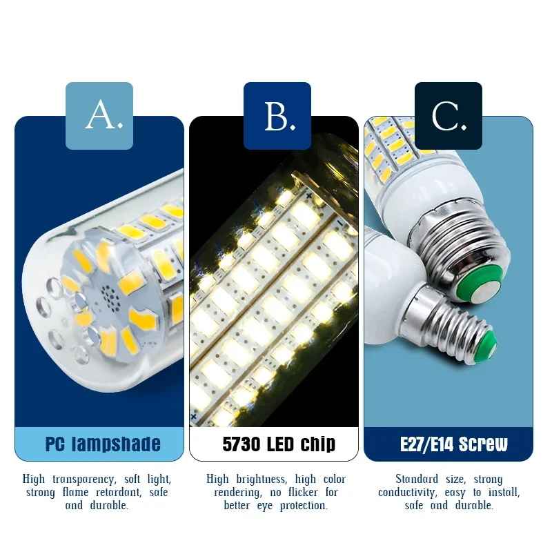 LED 전구 램프, E27, E14, 220V 옥수수 전구, 24, 36, 48, 56, 69, 72LED, 5730SMD Lampada, LED 다이오드 램프, 가정용 에너지 절약 조명