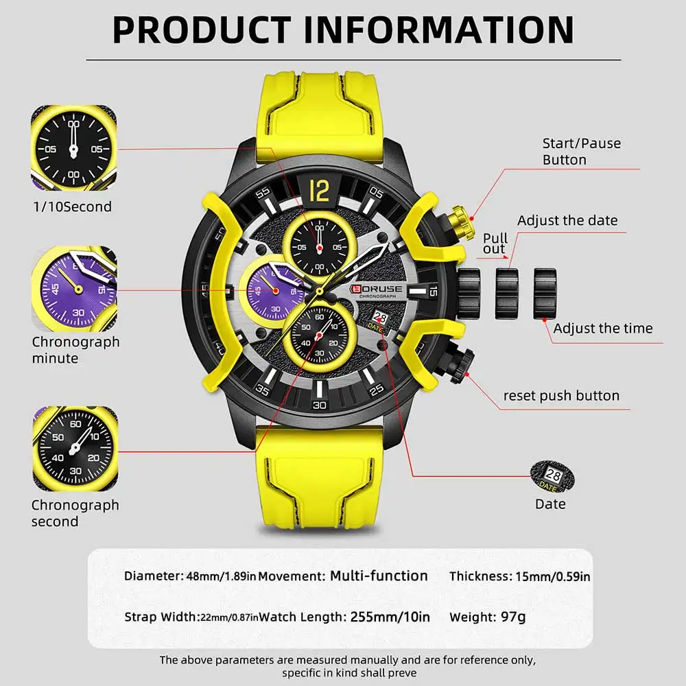 2Pcs/set BORUSE Fashion Men's Watch Yellow Silicone Strap