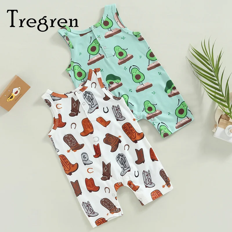 

Tregren Infant Baby Girls Boys Summer Romper Casual Sleeveless O Neck Avocado Boots Print Button Jumpsuit Outfits For 0-18M