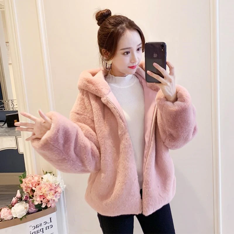 Women Winter Zipper Faux Fur Mink Fluff Coat Loose Sweet Style With Fur Trim Hood Jacket Fashion Thick Warm Fur Short Outerwear