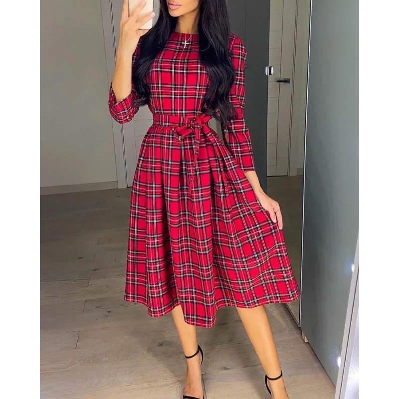 

2023 Spring Autumn Dress New Women Fashion Plaid Drawstring Slim Fit Dress Women Fashion Long Sleeve Round-Neck High Waist Dress