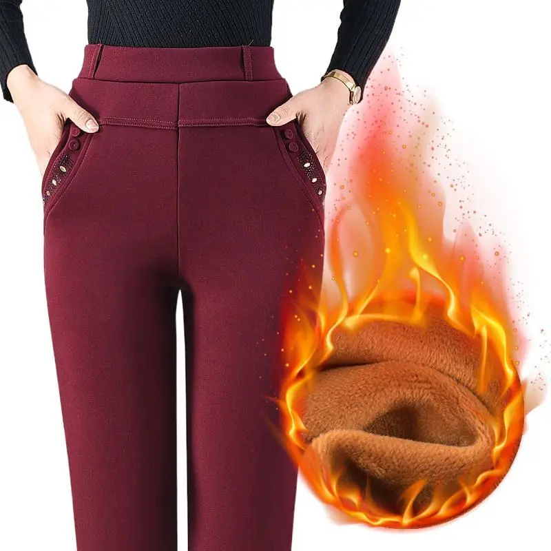 Middle-aged Elderly Women's Clothing Winter Fashion Lace Rhinestone Plush Warm Pants Ladies Elegant Straight Trousers Pantalones