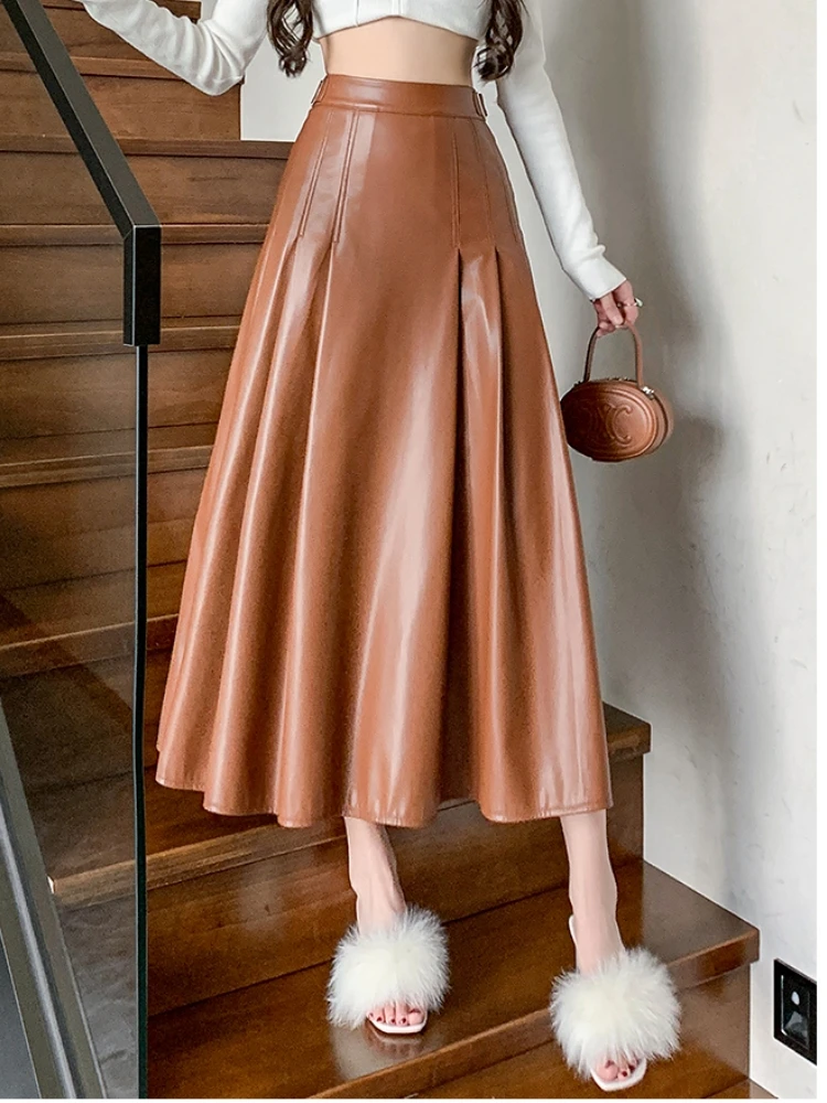Qiukichonson Maxi Long Skirts Women Gothic Lolita Autumn Winter High Waist Pu Skirt Ladies A-Line Ruffle Pleated Black Skirt