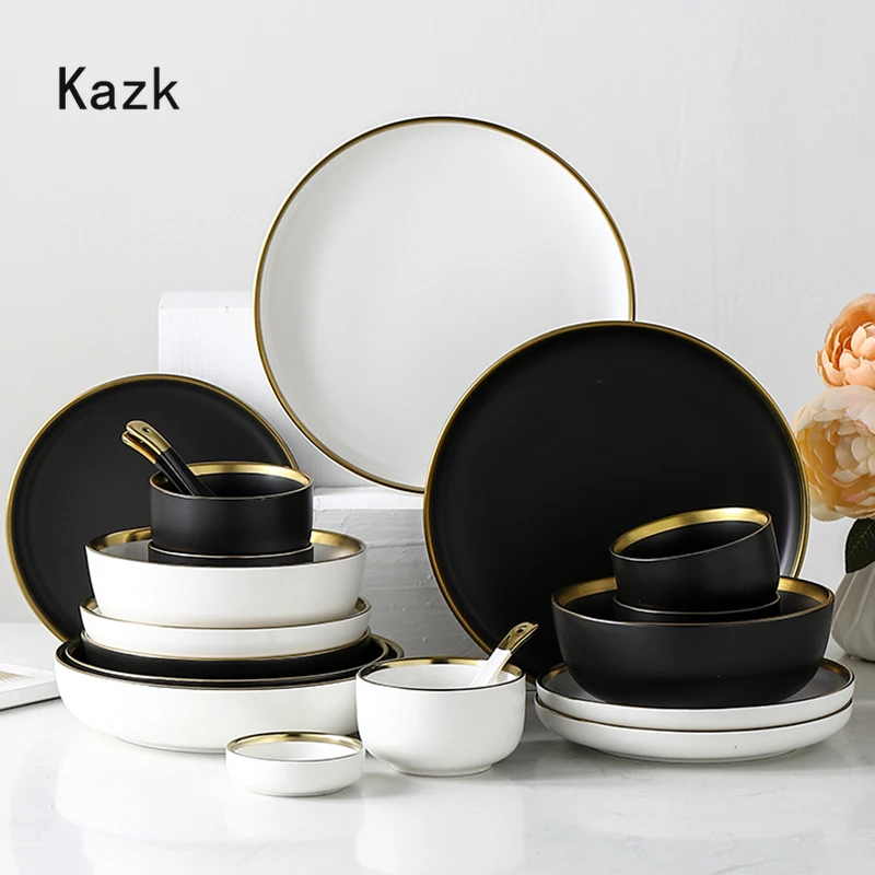 White And Black Round Gold Stroke Ceramic Dinner Plate Set