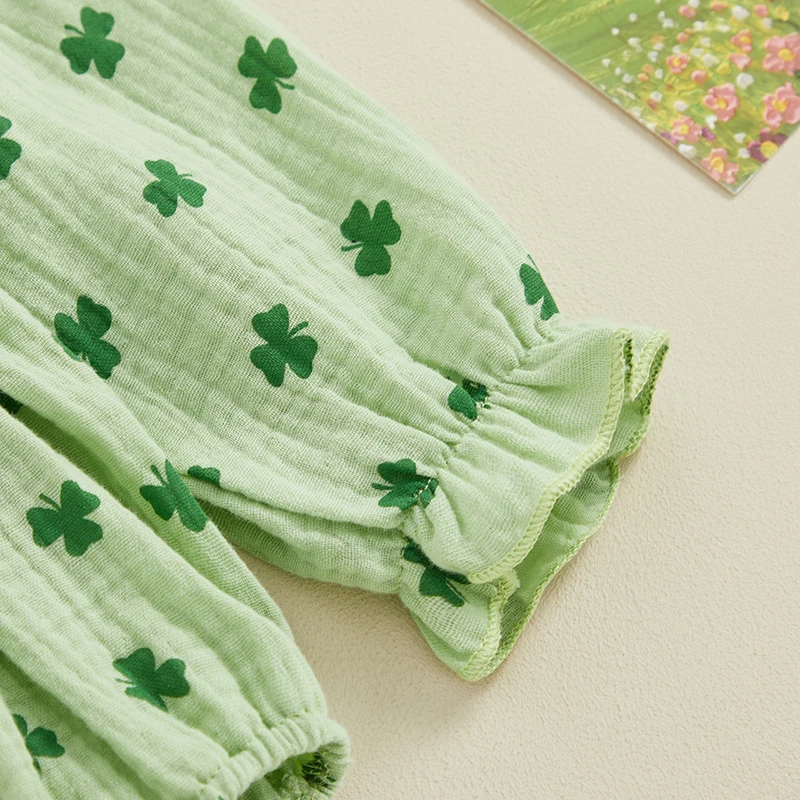 Newborn Girl St Patricks Day Bodysuits Outfit Long Sleeve Off shoulder Shamrock Print Romper with Hairband Baby Jumpsuits 6