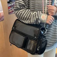 Sac à dos japonais de couleur unie pour femmes, carré en cuir Y2K, Harajuku, grande capacité, Ita, poignée Anime, bandoulière 4