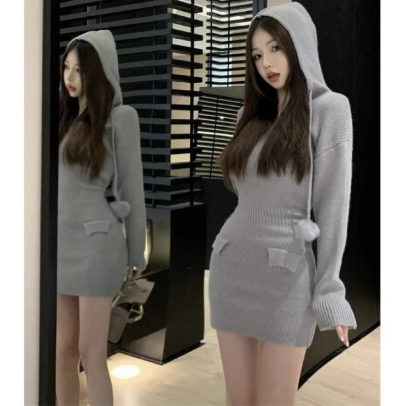 Autumn Women's Knitted Dresses for Women Hoodies V-neck Long Sleeve Bodycon Short Dress Casual Korean Chic Vestidos Mujer New