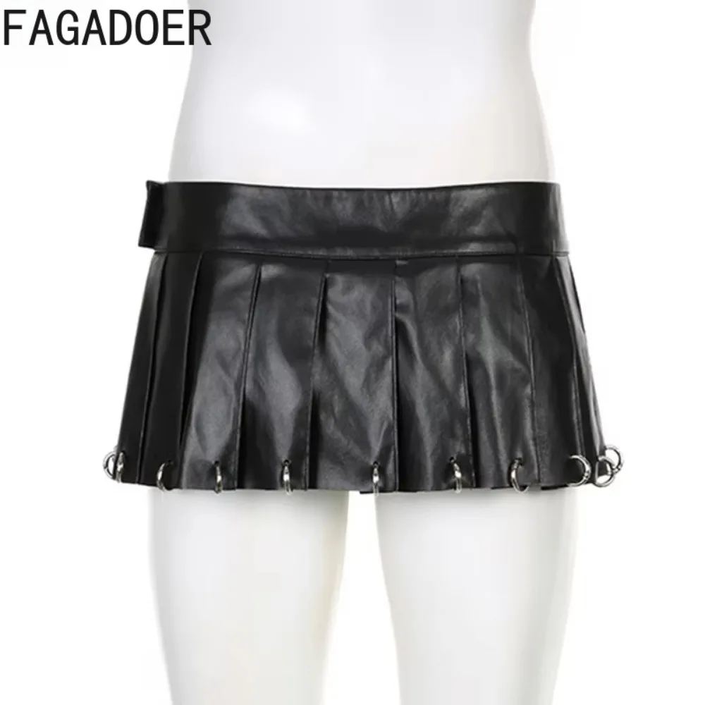 FAGADOER Punk Sexy Leather Pleated Mini Skirts Two Piece Set Women Hooded Backless Lace Up Crop Top And Skirts Nightclub Outfit 5