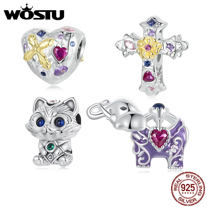 WOSTU  빈티지 크로스 펜던트, 하트 참 코끼리 고양이 비즈 핏 DIY 팔찌 목걸이, 레트로 쥬얼리 선물