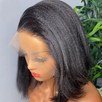 Yaki Short Bob Glueless Soft 180 Density Preplucked Kinky Straight Natural Black Lace Front Wig For