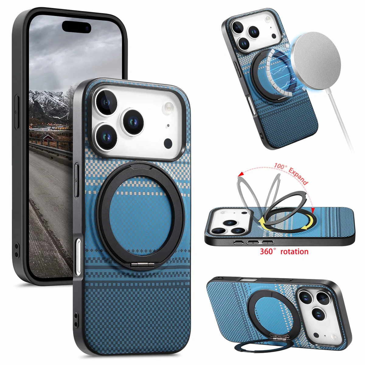 360 Rotating Magnetic Bracket Phone Case with Carbon Fiber Leather Protection