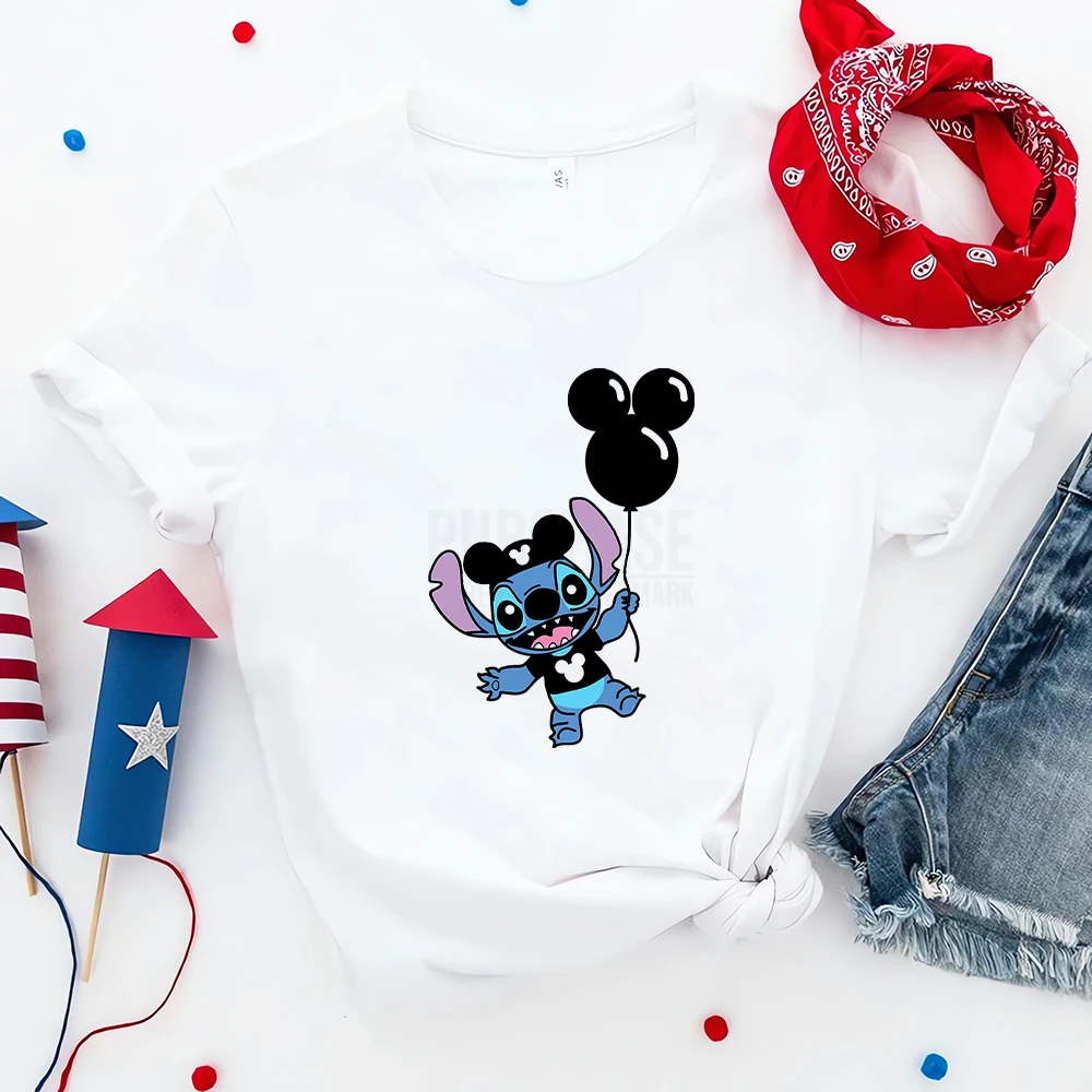 

Disneyland Clothes Kawaii Stitch Mickey Element Print Disney Tee Shirt Femme French Fashion Casual Vacation Women's T-shirts