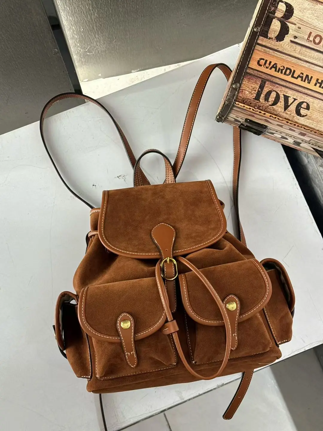 New Vintage Women's Travel Backpack Large Capacity Commuter Suede School Bag College Students Brown Suede Bookbag