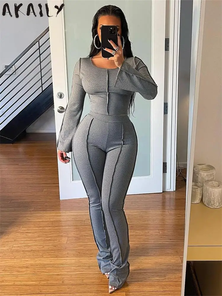 

Akaily Fall Fashion Black Long Sleeve Bodycon Two Piece Pants Set Casual Vacation For Woman 2023 New Green Street Pants Sets