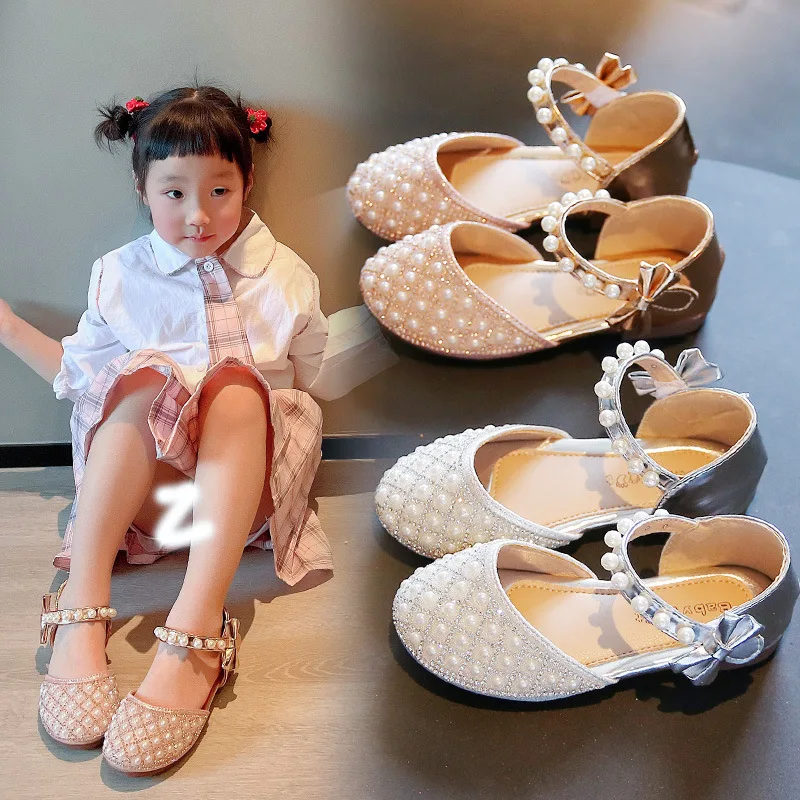 Gold Silver Girls Shoes Summer Bowknot Rhinestone Sandal Princess Shoes for Wedding Party Girls Dance Performance Shoes 2-12T