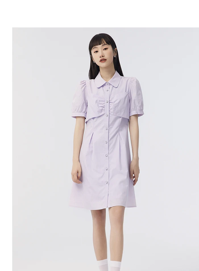 Dress Women Puff Sleeves Sweet Gentle Summer New Temperament Solid Color Exquisite Shirt Dress