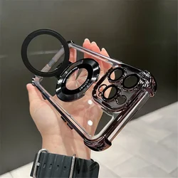 Luxury Plating Shockproof Magnetic Stand Clear Phone Case with Holder - iPhone 14 Plus (Black)