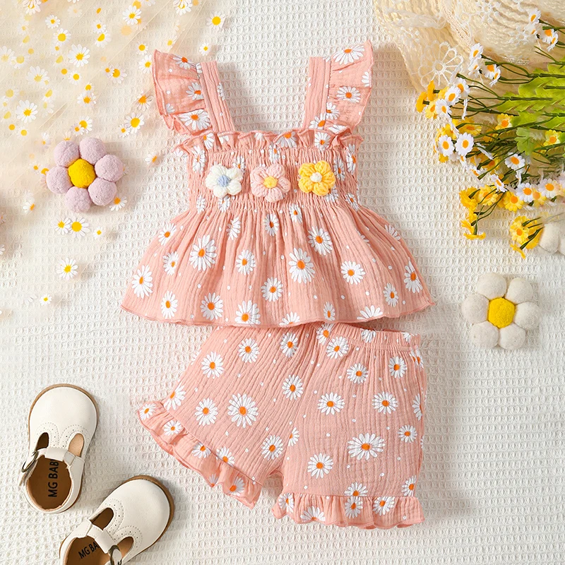 

2024-04-29 Lioraitiin Baby Girl Summer 2Pcs Outfits Ruffled Sleeveless Daisy Print Tank Tops + Shorts Set Newborn Clothes