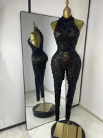 Women Rhinestones Sequines Mesh Bodycon Jumpsuits Sexy Special Occassion Nightclub DJ Dancer Stage Costumes Evening Club Dress