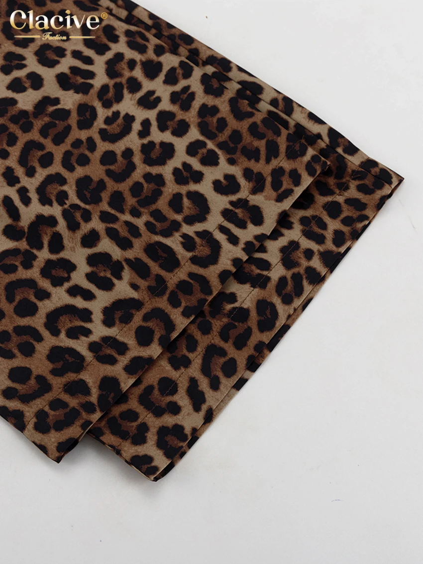 Clacive Sexy Slim Leopard Print Women Two Piece Outfits 2023 Fashion Long Sleeve Shirts With Mid Waits Wide Leg Pants Set Female