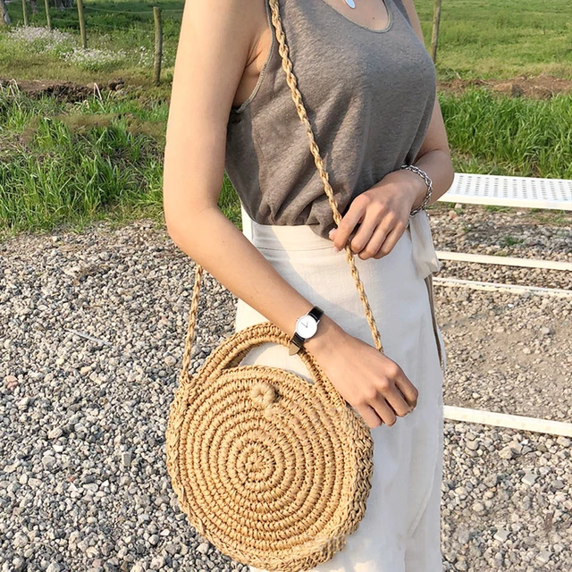 Falls Creek Round Rattan Straw Bag Purse Woven Beach Boho Pink Crossbody  NWT | eBay