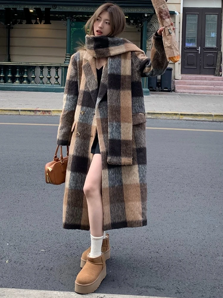 

[EAM] Coffee With Scarf Big Size Long Woolen Coat New Lapel Long Sleeve Women Jacket Fashion Tide Autumn Winter 2024 1DH2540