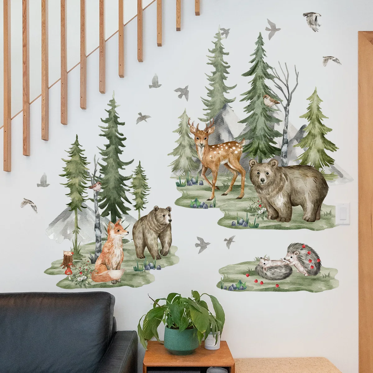 

Cartoon Forest Animal Fox Elk Big Bear Wall Sticker Living Room Bedroom Background Wall Sticker Self-Adhesive Wall Sticker